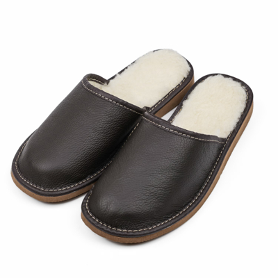 Kožené papuče s ovčou vlnou - tmavohnedé [pánske]